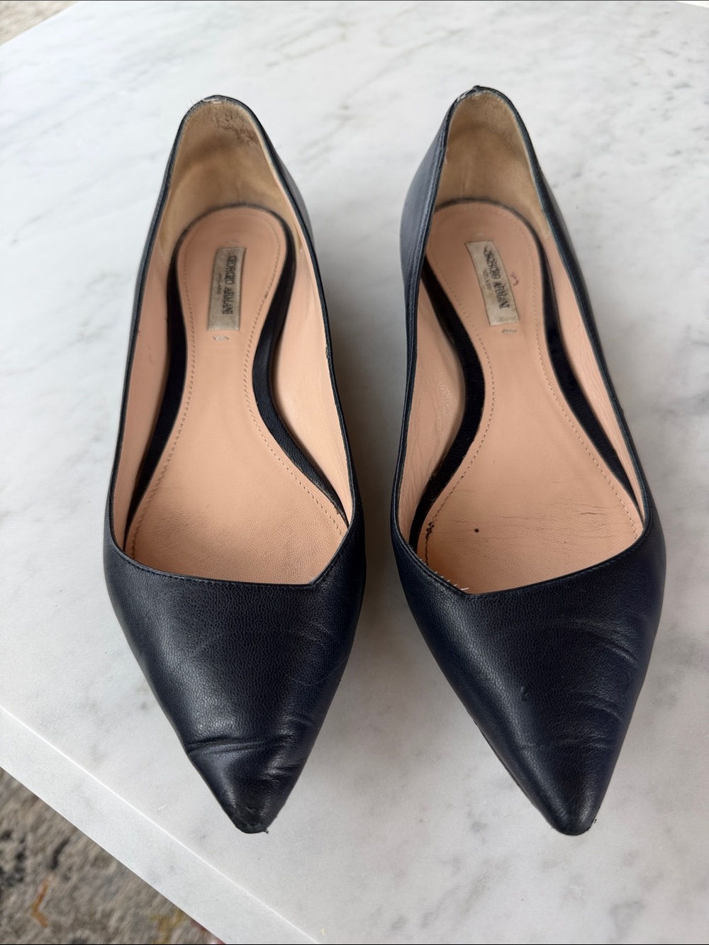 Giorgio Armani Pointed Toe Leather Flats in Black